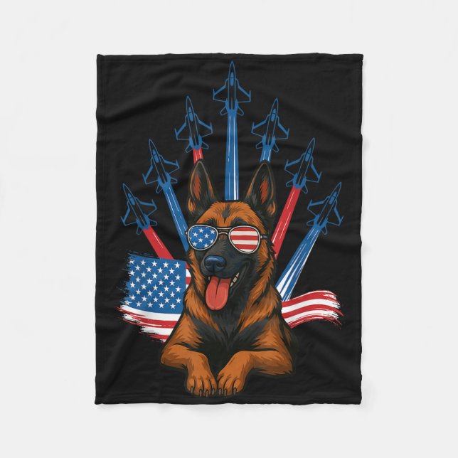 Belgian Malinois Fighter Jet Airplane Patriotic Do Fleece Blanket (Front)
