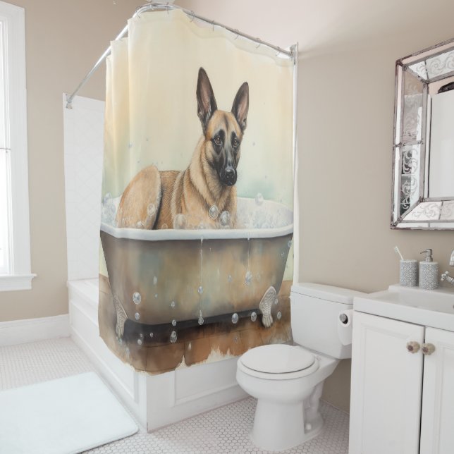Belgian Malinois In Bathtub Watercolor Dog Art (In Situ)