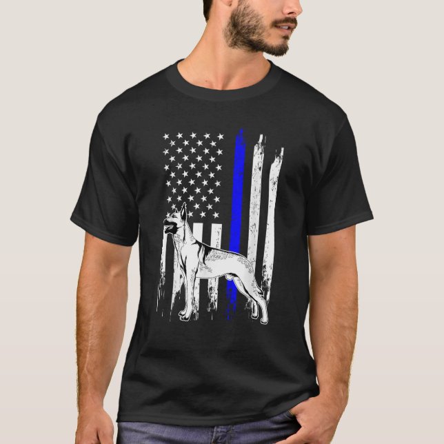 Belgian Malinois K9 Unit Thin Blue Line US Flag Po T-Shirt (Front)