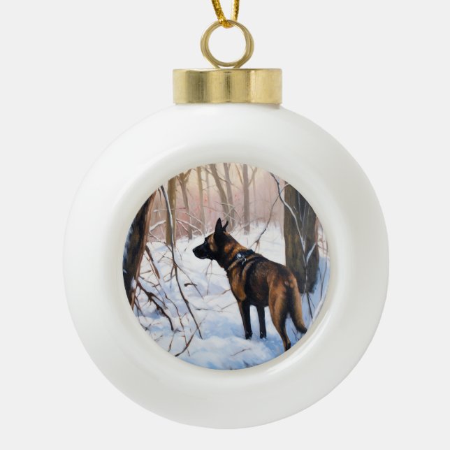 Belgian Malinois Let It Snow Christmas Ceramic Ball Christmas Ornament (Front)
