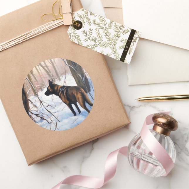 Belgian Malinois Let It Snow Christmas Classic Round Sticker (Gifting)