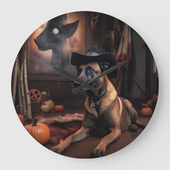 Belgian Malinois Pumpkins Halloween Scary Large Clock (Front)