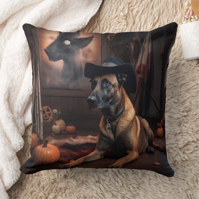 Belgian Malinois Pumpkins Halloween Scary Throw Pillow (Blanket)