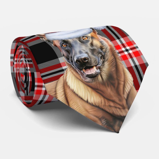 Belgian Malinois Red Plaid Holiday Christmas  Tie (Rolled)