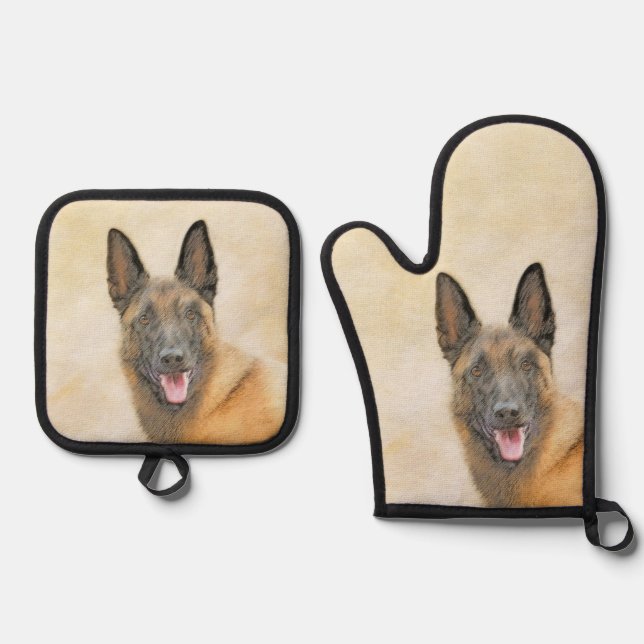 Belgian Malinois Shepherd Mahogany Painting Art Oven Mitt & Pot Holder Set (Front)