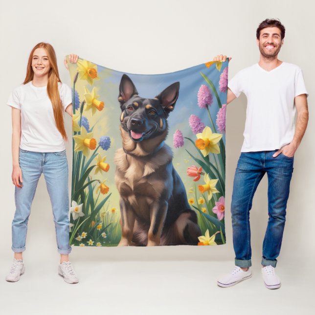Belgian Malinois Spring Flowers Painting Fleece Blanket (In Situ)