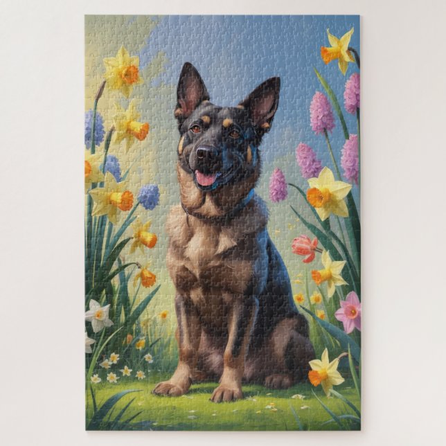 Belgian Malinois Spring Flowers Painting Jigsaw Puzzle (Vertical)