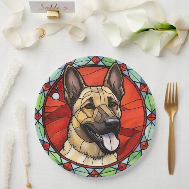 Belgian Malinois Stained Glass Christmas Paper Plate (Wedding)