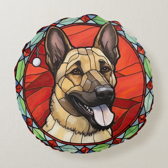 Belgian Malinois Stained Glass Christmas Round Pillow (Back)