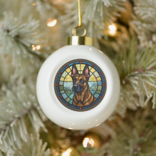 Belgian Malinois Stained Glass Style Illustration Ceramic Ball Christmas Ornament