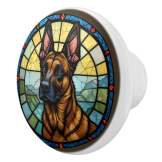 Belgian Malinois Stained Glass Style Illustration Ceramic Knob