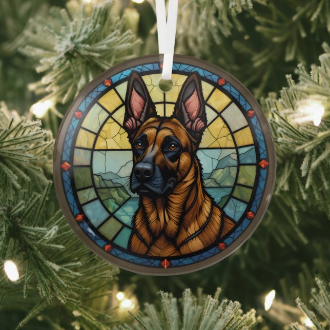 Belgian Malinois Stained Glass Style Illustration Glass Ornament (Insitu)