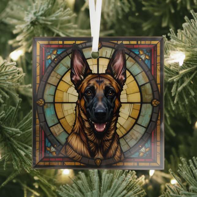 Belgian Malinois Stained Glass Style Illustration Glass Ornament (Insitu)