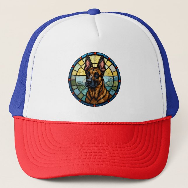 Belgian Malinois Stained Glass Style Illustration Trucker Hat (Front)