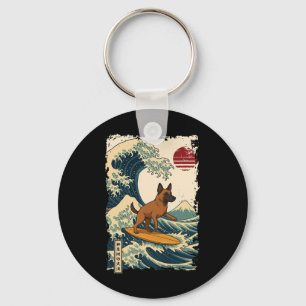 Belgian Malinois Surfing Japanese Kanagawa Wave Mo Keychain