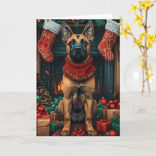 Belgian Malinois With Christmas Gifts Fireplace  Card (Yellow Flower)