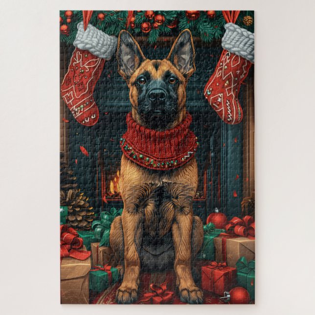 Belgian Malinois With Christmas Gifts Fireplace  Jigsaw Puzzle (Vertical)