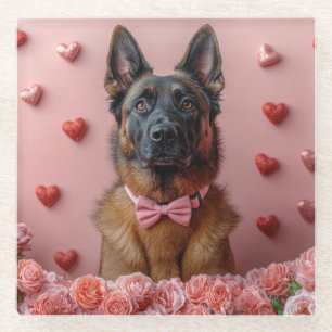 Belgian Malinois with Roses - Valentine's Day  Glass Coaster