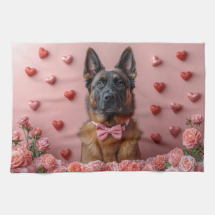 Belgian Malinois with Roses - Valentine's Day  Kitchen Towel