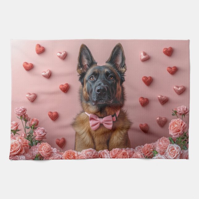 Belgian Malinois with Roses - Valentine's Day  Kitchen Towel (Horizontal)