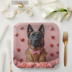 Belgian Malinois with Roses - Valentine's Day Paper Plate