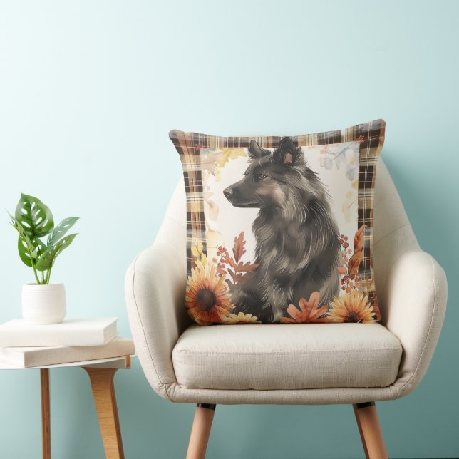 Belgian Sheepdog Dog Fall Watercolor Flowers Throw Pillow (Chair)