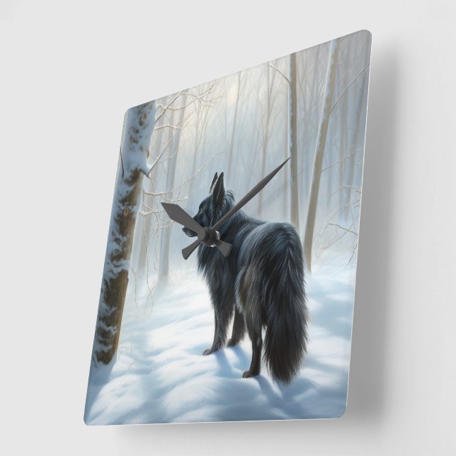 Belgian Sheepdog Let It Snow Christmas Square Wall Clock (Angle)