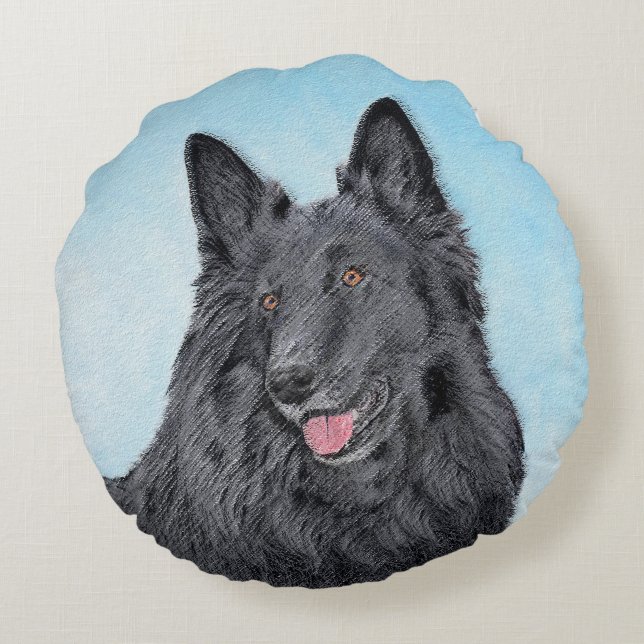 Belgian Sheepdog Painting - Cute Original Dog Art Round Pillow (Back)
