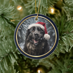 Belgian Sheepdog Santa Hat Winter Forest Ceramic Ornament