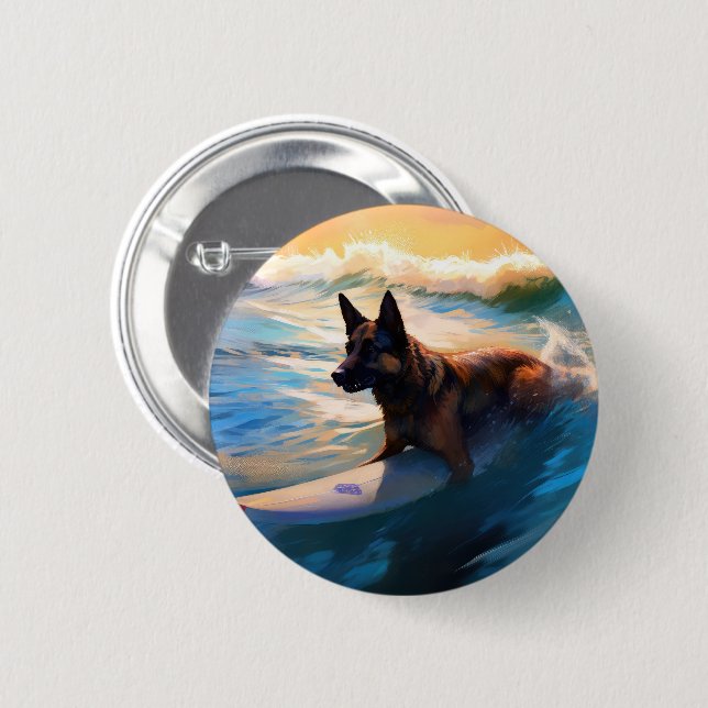 Belgian Shepherd  Beach Surfing Painting  2 Inch Round Button (Front & Back)