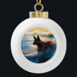 Belgian Shepherd  Beach Surfing Painting  Ceramic Ball Christmas Ornament<br><div class="desc">Immerse yourself in the playful world of canine adventure with this captivating painting. A spirited dog takes to the waves, skilfully riding the surf on a sun-kissed beach. The vibrant artwork beautifully captures the essence of beachside excitement as the dog fearlessly rides the waves, embodying the spirit of fun and...</div>