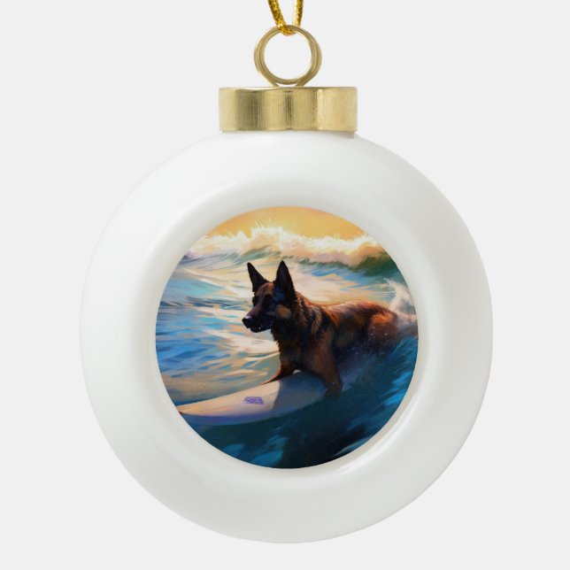 Belgian Shepherd  Beach Surfing Painting  Ceramic Ball Christmas Ornament (Front)