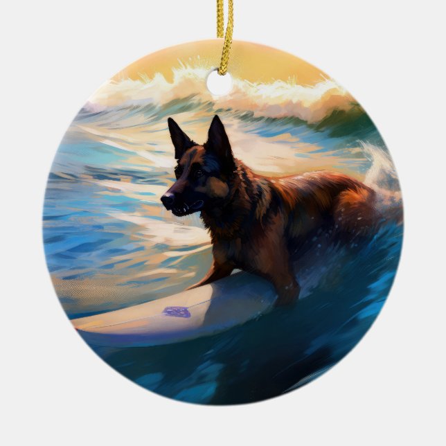Belgian Shepherd  Beach Surfing Painting  Ceramic Ornament (Front)