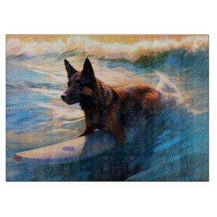 Belgian Shepherd Beach Surfing Painting Cutting Board