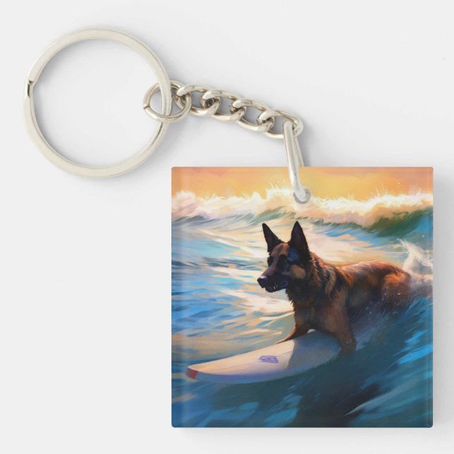 Belgian Shepherd  Beach Surfing Painting  Keychain (Front)