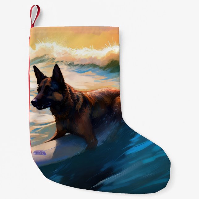 Belgian Shepherd  Beach Surfing Painting  Small Christmas Stocking (Front)