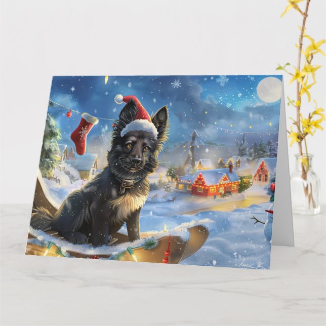 Belgian Shepherd Dog in Sleigh Snow Christmas Card (Yellow Flower)