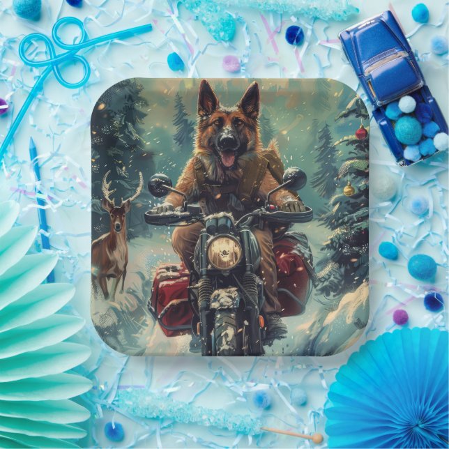 Belgian Shepherd Dog Riding Motorcycle Christmas Paper Plate (Party)