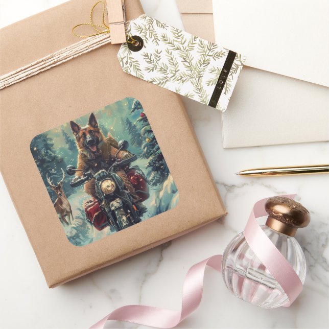 Belgian Shepherd Dog Riding Motorcycle Christmas Square Sticker (Gifting)