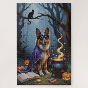Belgian Shepherd Dog Whimsical Halloween Painting Jigsaw Puzzle