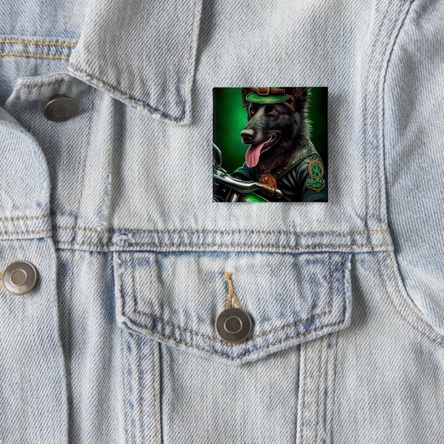 Belgian Shepherd driving bike St. Patrick's Day 2 Inch Square Button (In Situ)