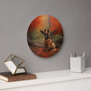 Belgian Shepherd in Autumn Leaves Fall Inspire  Large Clock