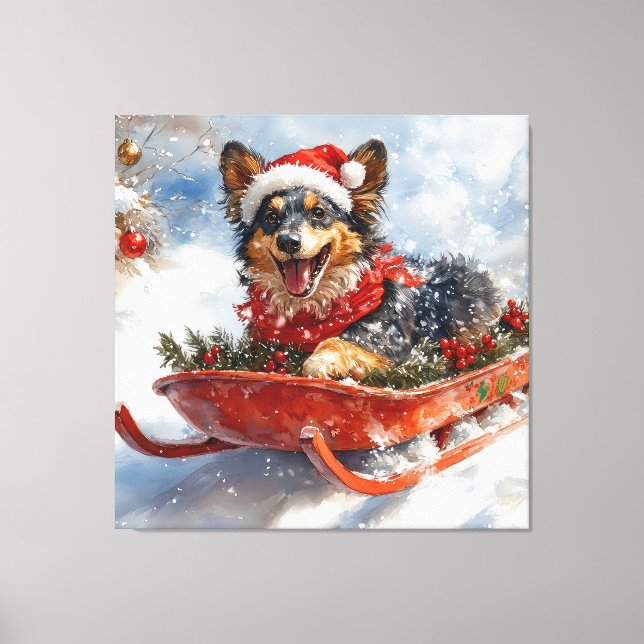 Belgian Shepherd in Sledge Let it Snow Christmas Canvas Print (Front)