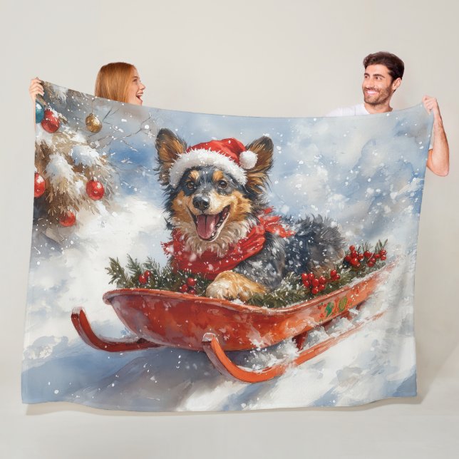 Belgian Shepherd in Sledge Let it Snow Christmas Fleece Blanket (In Situ)