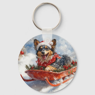 Belgian Shepherd in Sledge Let it Snow Christmas Keychain