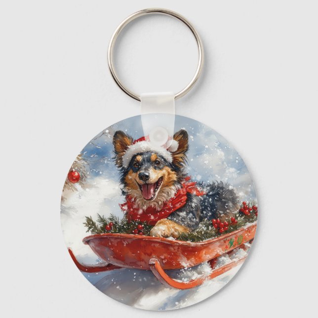 Belgian Shepherd in Sledge Let it Snow Christmas Keychain (Front)