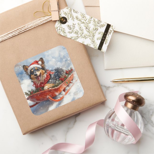 Belgian Shepherd in Sledge Let it Snow Christmas Square Sticker (Gifting)