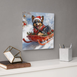 Belgian Shepherd in Sledge Let it Snow Christmas Square Wall Clock