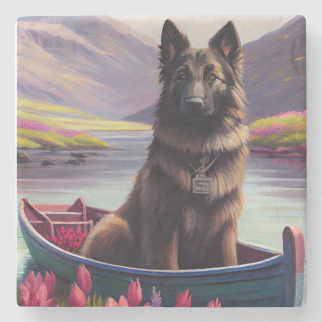 Belgian Shepherd on a Paddle: A Scenic Adventure Stone Coaster (Front)