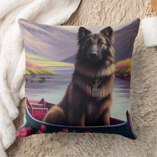 Belgian Shepherd on a Paddle: A Scenic Adventure Throw Pillow